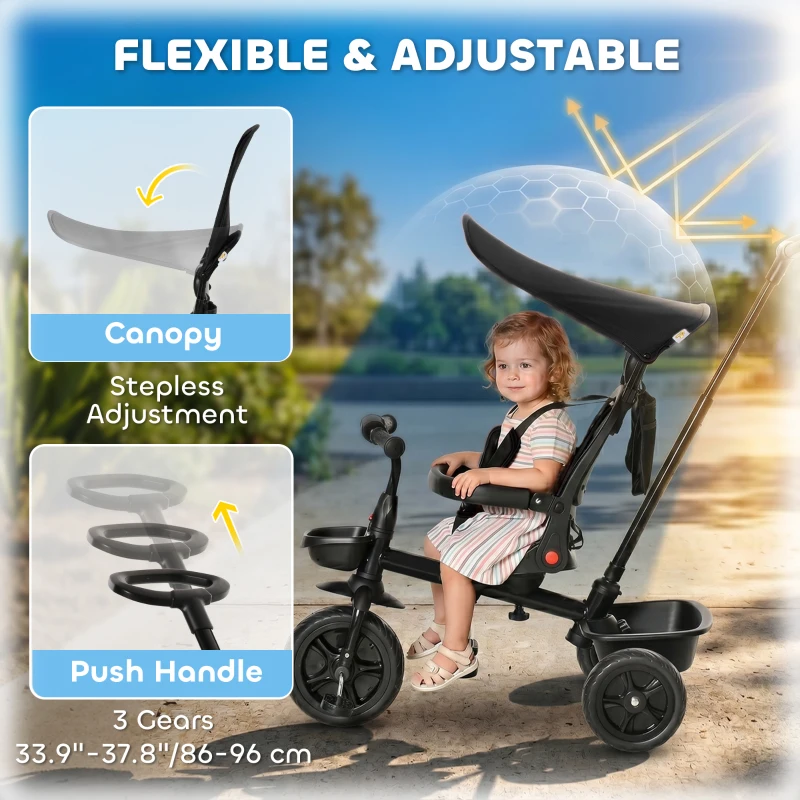 Qaba Tricycle for Toddler 5 in 1 Kids Trike, Converts Stroller to Toddler Bike, Adjustable Backrest & Flat Canopy, Detachable Guardrail & Handle for 1-5 Years Old, Black