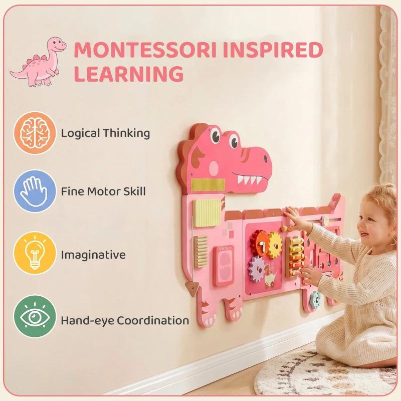 Qaba Busy Board Panels wall mounted Montessori Sensory Toys dinosaur center 87 x 52 x 5.5 cm Pink