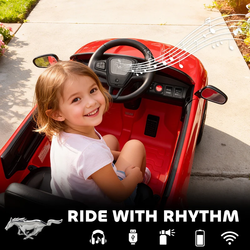 Qaba 12V Kids Ride On Car, Licensed Ford Mustang Mach-E Electric Car with Remote Control, LED Light, Music, Red