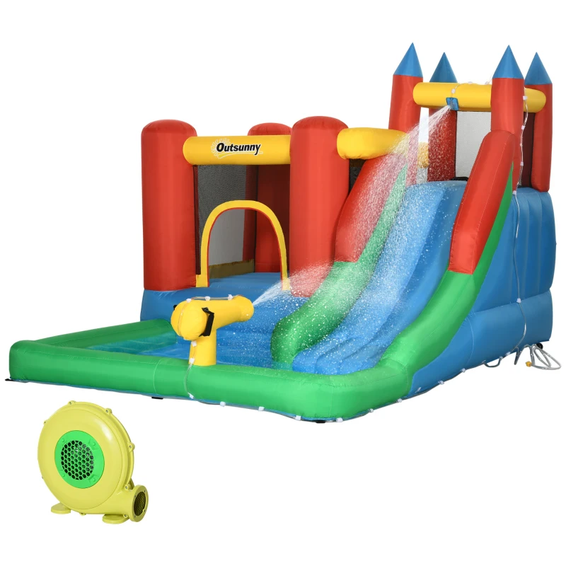 Outsunny Kids Inflatable 6 in 1 Bouncy Castle House Trampoline Slide Water Pool Gun Climbing Wall Basket with Inflator for Kids Age 3-12 Summer 11.5' x 8.8' x 7' Multi-color