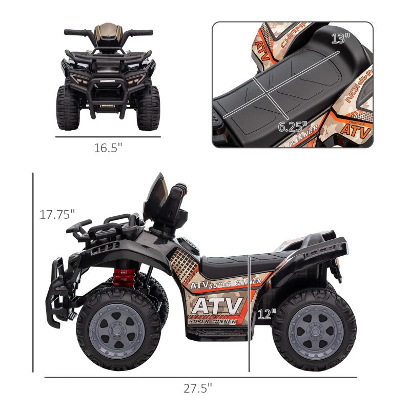 Aosom Kids ATV Four Wheeler  Ride on Car, Motorized Quad, 6V Battery Powered Electric Quad with Songs for 18-36 Months, Black