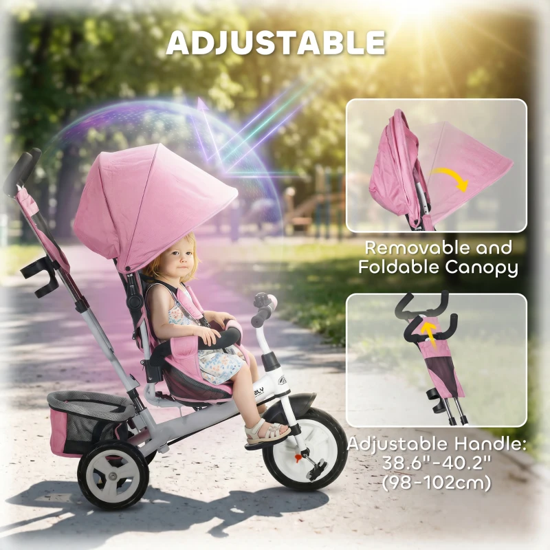 Qaba 6 in 1 Tricycle for Toddler 1-5 Years with Parent-Push Handle, Pink