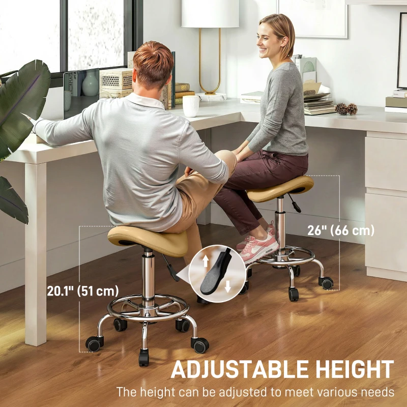 HOMCOM Saddle Stool, PU Leather Adjustable Rolling Salon Chair, Light Brown