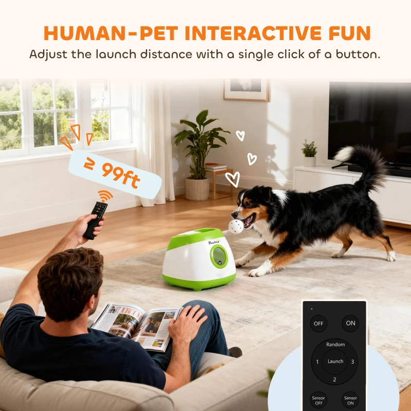 PawHut Automatic Dog Ball Launcher with 26-80 FT Distance, Automatic Ball Launcher for Medium and Large Dogs, Green