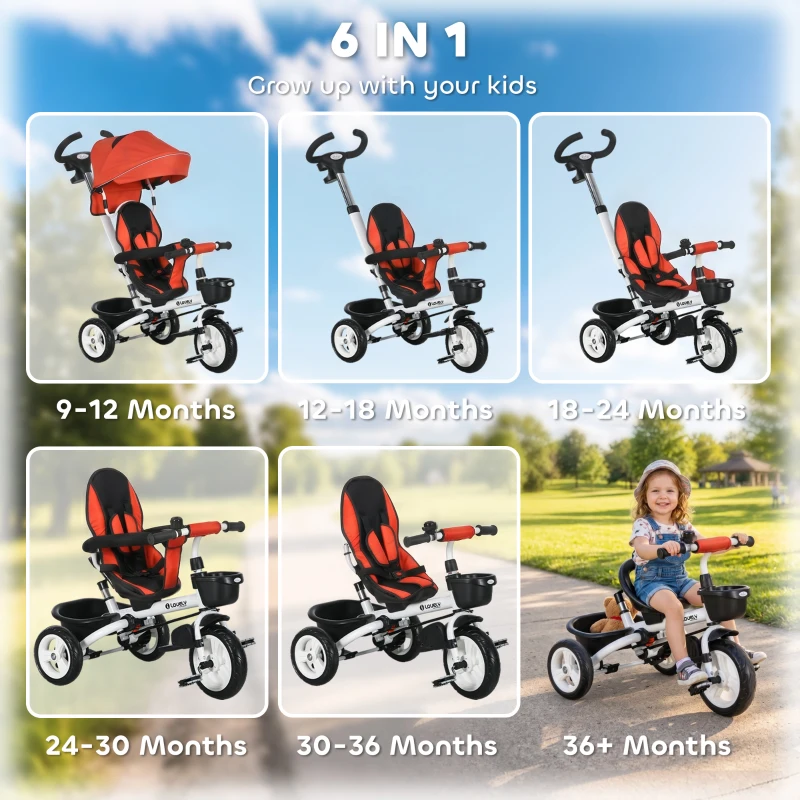 Qaba 6 in 1 Toddler Tricycle with Parent Push Handle, Canopy, Storage Baskets, Cupholder, Red