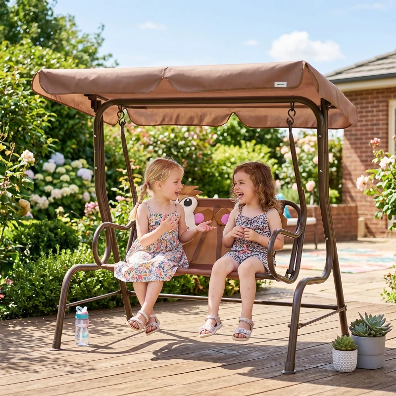 Outsunny Kids Patio Swing, 2-Seater Outdoor Swing Chair with Adjustable Canopy and Safety Belt, Monkey Pattern Hanging Swing Bench for Garden or Backyard, Coffee