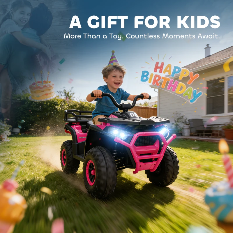 Qaba 12V Kids ATV, 4 Wheeler Quad with 4 Spring Suspension Wheels, LED Lights, Music USB, Pink