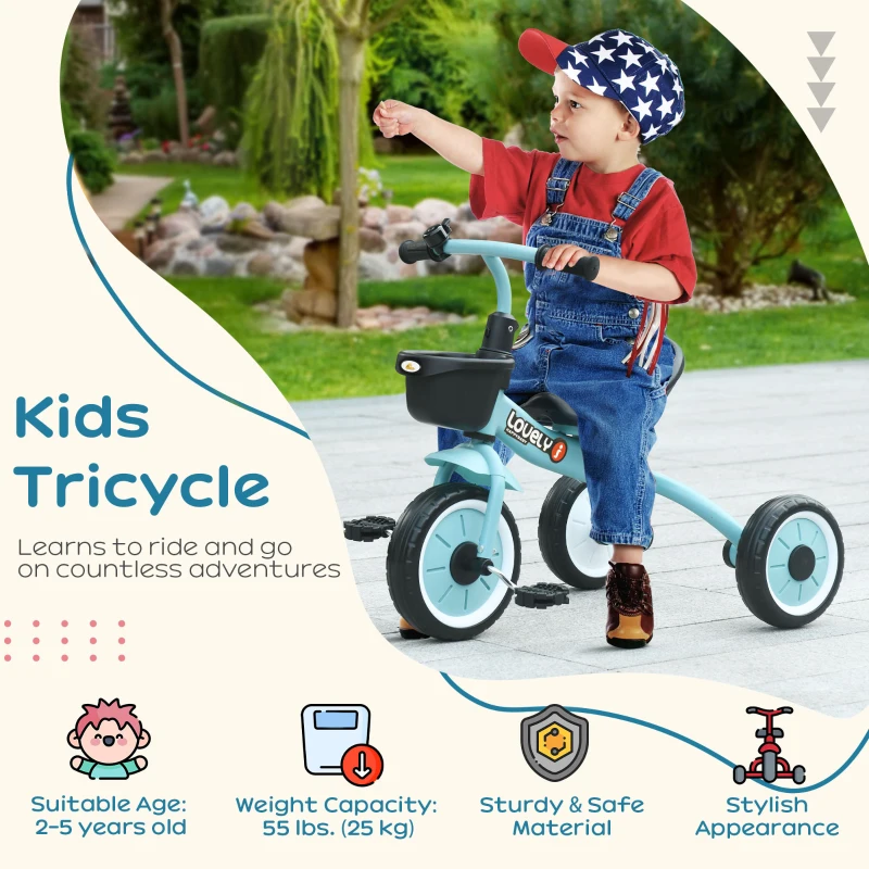 Qaba Tricycle for Toddler 2-5 Year Old Girls and Boys, Toddler Trike with Adjustable Seat, Basket, Bell, Blue