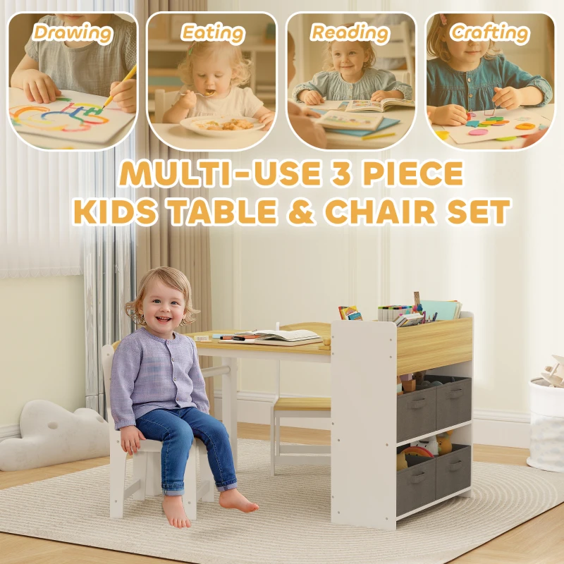 Qaba Kids Table and Chairs Set, Toddler Art Table and Chair Set with Paper Roll, Storage Shelves and Drawers, Natural Wood