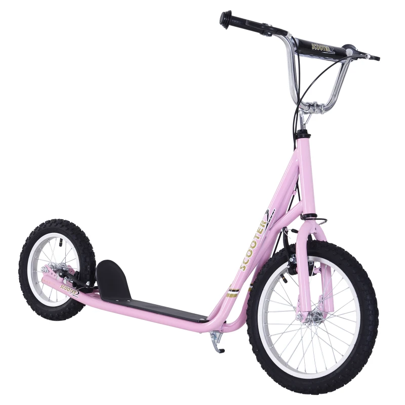HomCom Adjustable Teen Kick Scooter Child Pro Stunt Scooter Ride On Speeder Kids Street  Bike 16" Inflatable Tire Pink