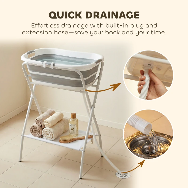 PawHut Dog Bath Tub Dog Washing Station, Elevated Foldable Dog Bathtub with Hose, Storage Shelf, for Small Dogs Puppies Gray