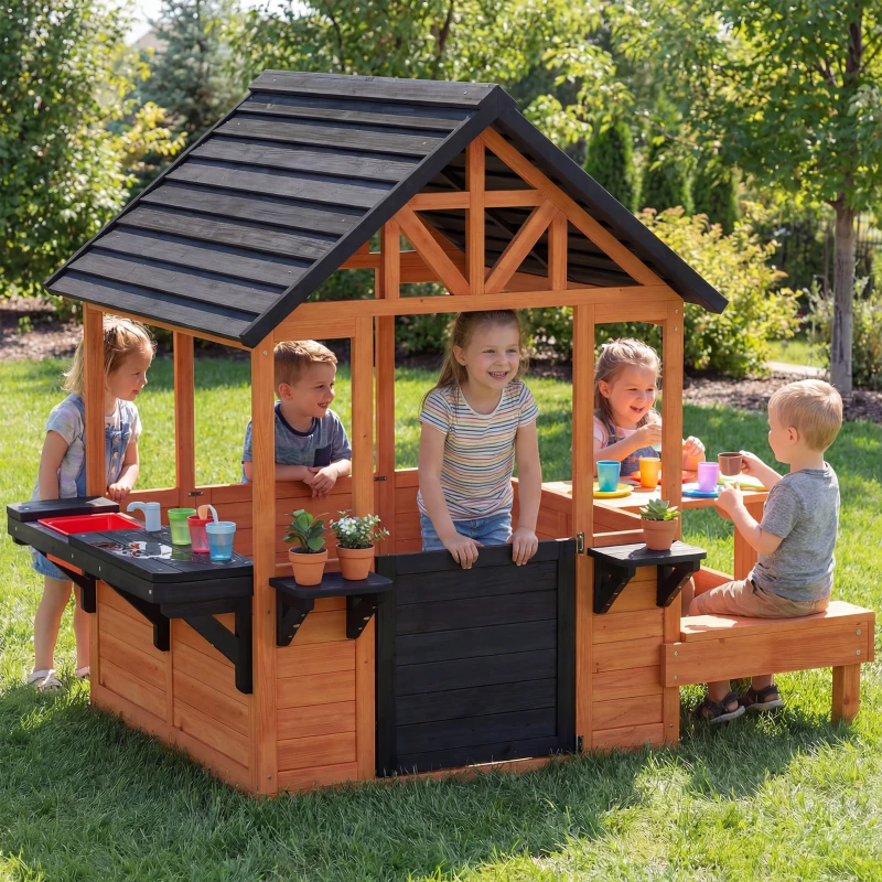 Qaba Wooden Playhouse Playhouse for Kids with Table, Benches, Sink Table, Windows, Flowerpot Holders, for Ages 3-8, Brown