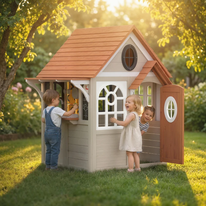 Qaba Outdoor Playhouse, Wooden Kids Playhouse with Dog Door, Cookware, Blackboard, Clock, Tic-Tac-Toe Roller for Backyard