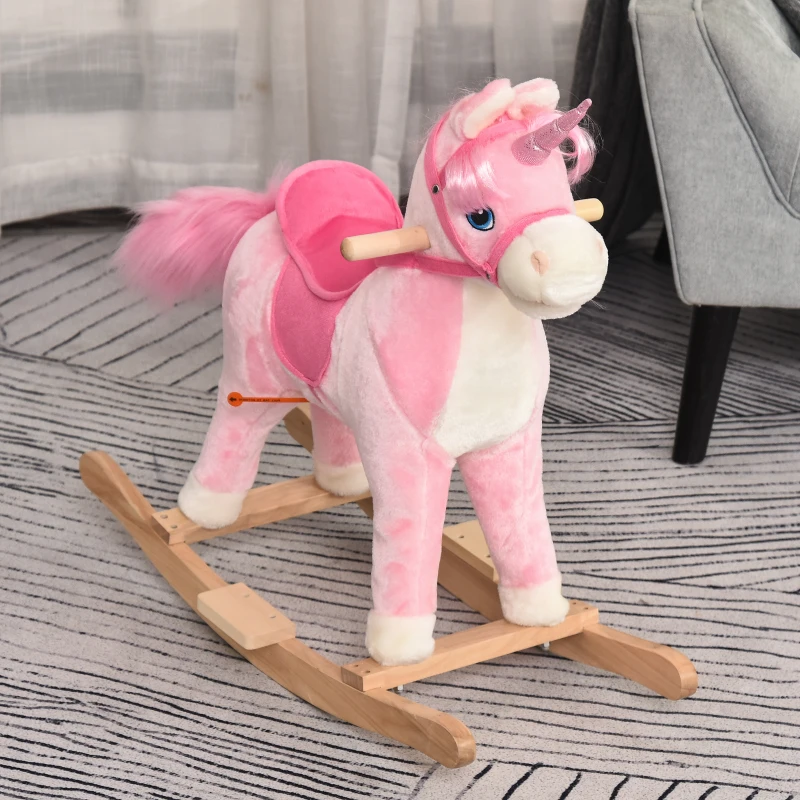 Qaba Kids Rocking Horse, Ride on Unicorn with Wooden Base, Tail Wag & Sounds for Toddlers 3-6 Years Old, Pink