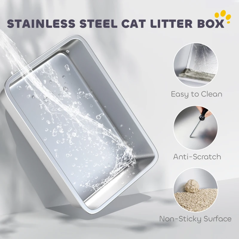 PawHut Extra Large Stainless Steel Cat Litter Box for Big Cats with Flip Cover, High-Sided Enclosure & Scoop