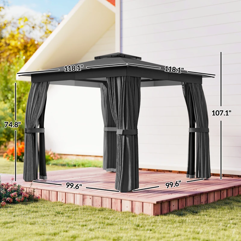 Outsunny 10' x 10' Outdoor Patio Gazebo, Soft Top Gazebo Canopy Shelter with Curtains, Netting, Steel Frame, Hook, Dark Gray