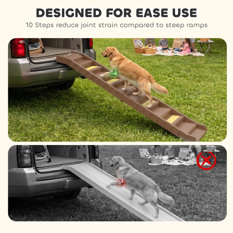 PawHut Foldable Dog Car Ramp, Dog Ramp with Anti-Slip Steps, Pet Stairs for Senior Pets to Access Cars and High Beds, Brown