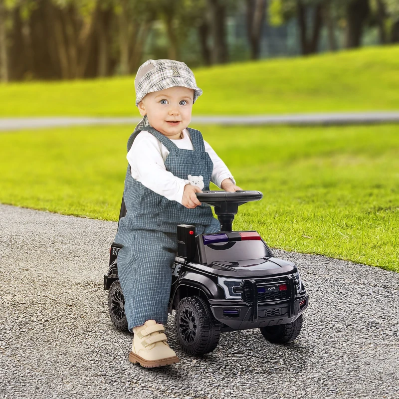 Aosom Kids Push Ride On Car with Working PA System and Horn, Police Truck Style  Foot-to-Floor Sliding Car for Boys and Girls with Under-Seat Storage, for 18 Months to 5 Years Old, Black