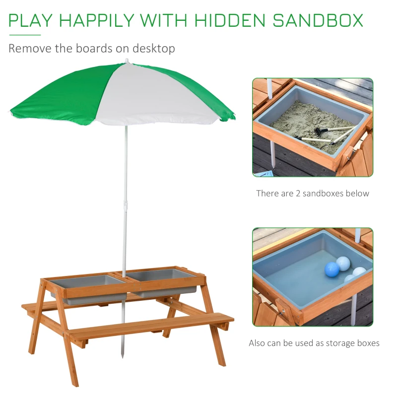 Outsunny Kids 3 in 1 Sand and Water Table, Wooden Outdoor Convertible Picnic Table with Umbrella and Storage Inside, Bench Backyard Furniture for Garden, Patio, or Balcony