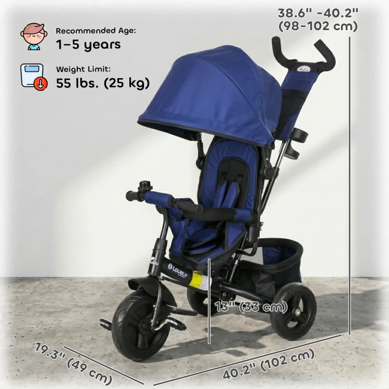 Qaba 6 in 1 Tricycle for Toddler 1-5 Years with Parent-Push Handle, Dark Blue