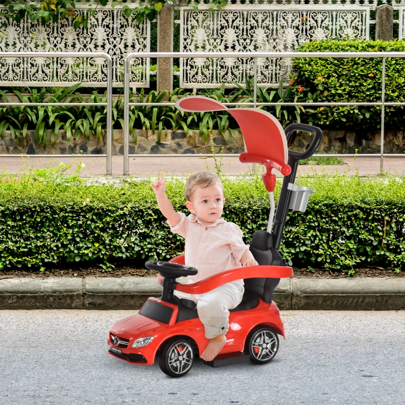 Aosom MERCEDES-AMG C63 Licensed Ride on Push Cars for Toddlers, Sliding Walking Car with Sun Canopy, Horn, Music, Safety Bar, Cup Holder and Storage, Red