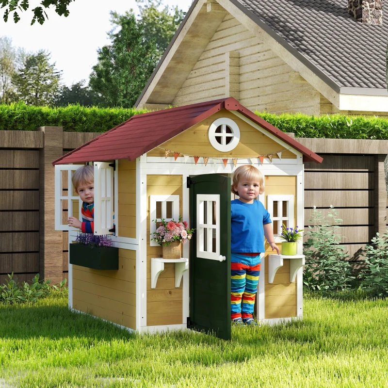 Outsunny Wooden Playhouse for Kids Outdoor with Doors, Windows, Planter Pots and Boxes for Toddlers 3-8 Years, Beige