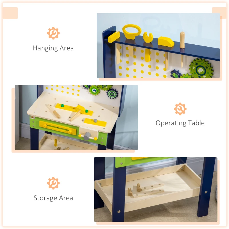 Qaba Wooden Kids Tool Bench with 27 Piece Tool Kit, Construction Work Shop Toy for Toddlers & Ages 3-6, Kids Workbench Playset Gift for Girls and Boys