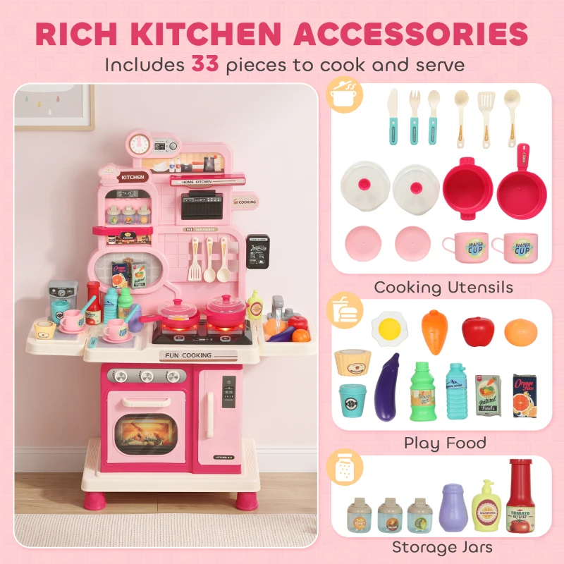 Qaba Kids Kitchen Playset, Play Kitchen with Lights, Sounds, Circulating Water Sink, Storage, 33 PCS for 3-6 Years, Pink