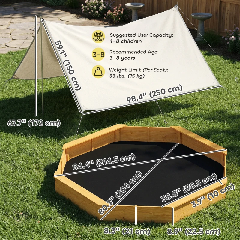 Qaba Wooden Kids Wooden Sandbox with Large Canopy, Outdoor Sand Box with 4 Bench Seats, Bottom Liner for Aged 3-8, Yellow