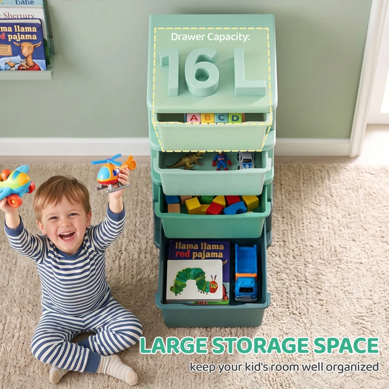Qaba 4 Tier Kids Storage Unit, Toy Organizers and Storage with 4 Drawer for Bedroom Nursery Living Room for Boys Girls Green