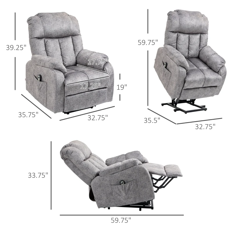 HOMCOM Power Lift Chair, Electric Recliner for the Elderly, Compact Living Room Chair with Side Pocket & Remote Control, Gray