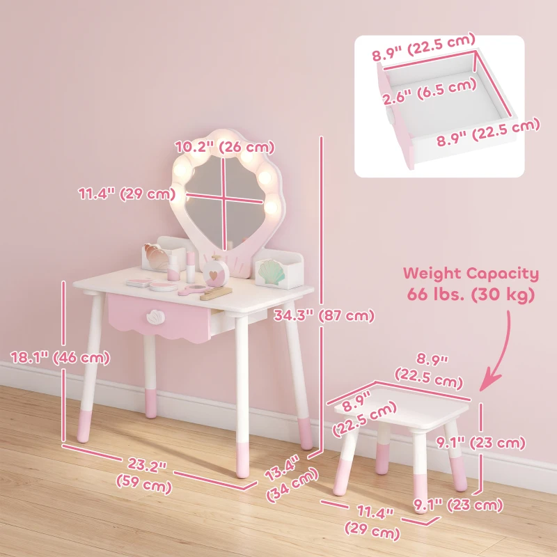 Qaba Kids Vanity Set, Makeup Vanity Table with Lights, Mirror, Stool, 7Pcs Accessories, Pretend Play Set for 3-8 Years, Pink