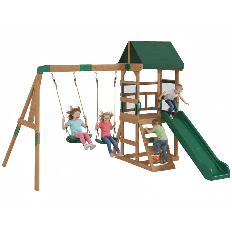 Qaba Wood Swing Set, Outdoor Playset with Slide, 2 Swings, Rock Wall and Covered Upper Deck, Kids Outdoor Playground
