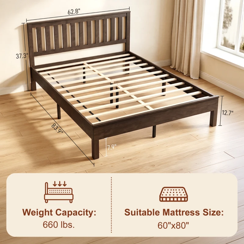 HOMCOM Queen Size Bed Frame with Headboard and Footboard, Mid-Century Modern Wood Platform Bed Frame, Walnut