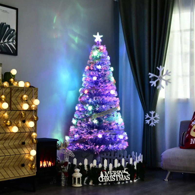 HOMCOM 5ft Tall Pre-Lit Douglas Fir Artificial Christmas Tree with Realistic Branches, Multi-Color LED Lights, Fiber Optics and 180 Tips - White/Blue