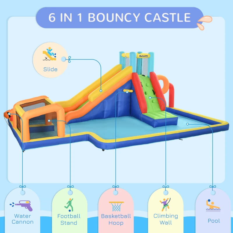 Outsunny 6 in 1 Kids Inflatable Bounce House with Slide, Pool, Climbing Wall, Water Cannon, Basketball Hoop, Football Stand