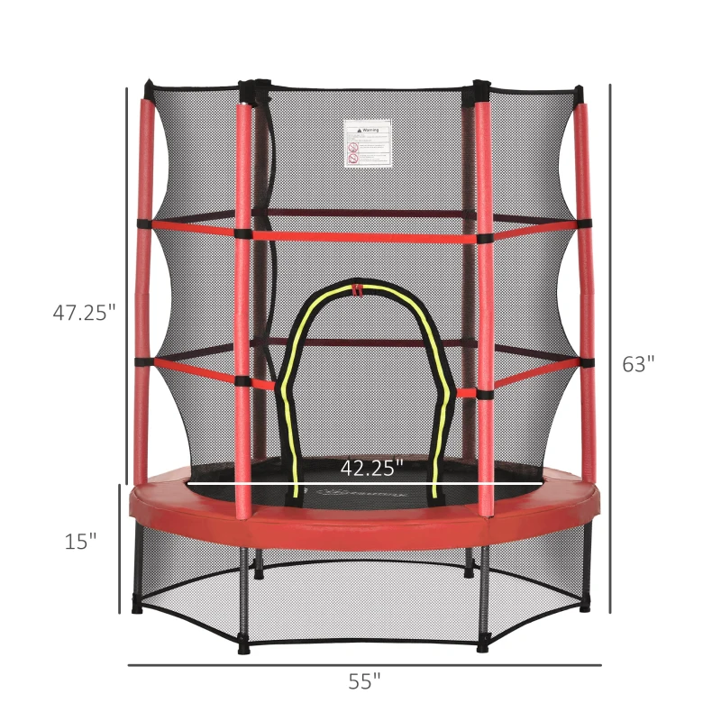 Outsunny Φ5FT Kids Trampoline with Enclosure Net for Age 3 to 6 Years Red