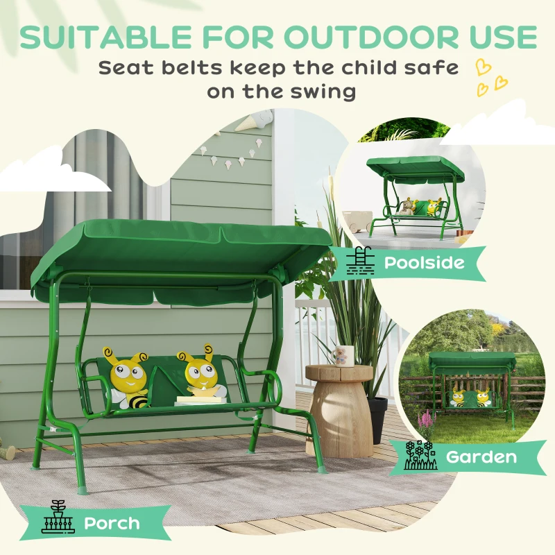 Qaba Kids Patio Swing Chair with Adjustable Canopy, Safety Belt for Patio, Garden, Poolside, Balcony, Dark Green