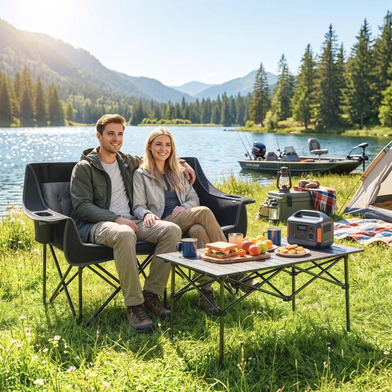 Outsunny Heated Double Camping Chair, Oversized Folding Padded Camp Loveseat Couch with 3 Heat Levels and 4 Heating Zones