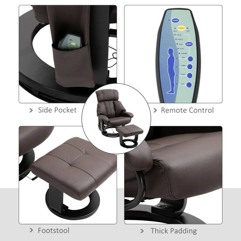 HOMCOM Massage Recliner Chair with Ottoman, 360° Swivel Recliner and Footstool, 10-Point Vibration, Brown