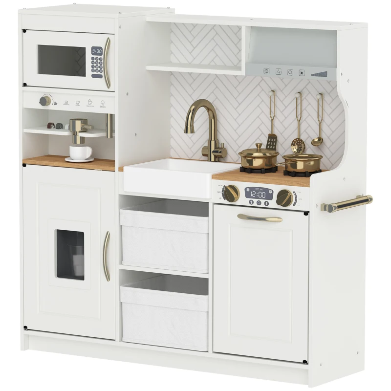 Qaba Play Kitchen, Kids Kitchen Playset with Coffee Machine, Ice Maker, Microwave, Oven, Storage, Gift for Toddlers 3+, White