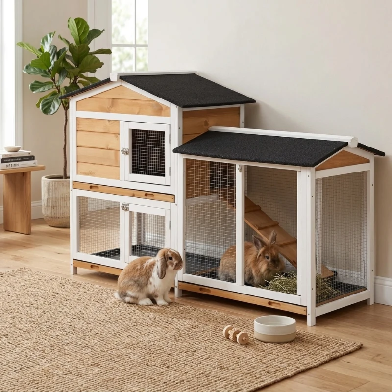 PawHut 62" Rabbit Hutch, Wooden Bunny Hutch, Guinea Pig Cage, Small Animal Enclosure with Run Area, Removable Tray, Asphalt Roof, Lockable Doors and Ramp, for Rabbits, Chickens, Ducks, Nature Wood