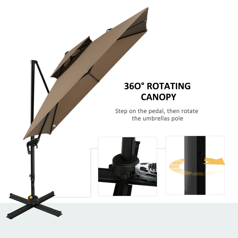Outsunny 10ft Offset Patio Umbrella with Base, Hanging Aluminum Cantilever Umbrella with 360-degree Rotation, Coffee