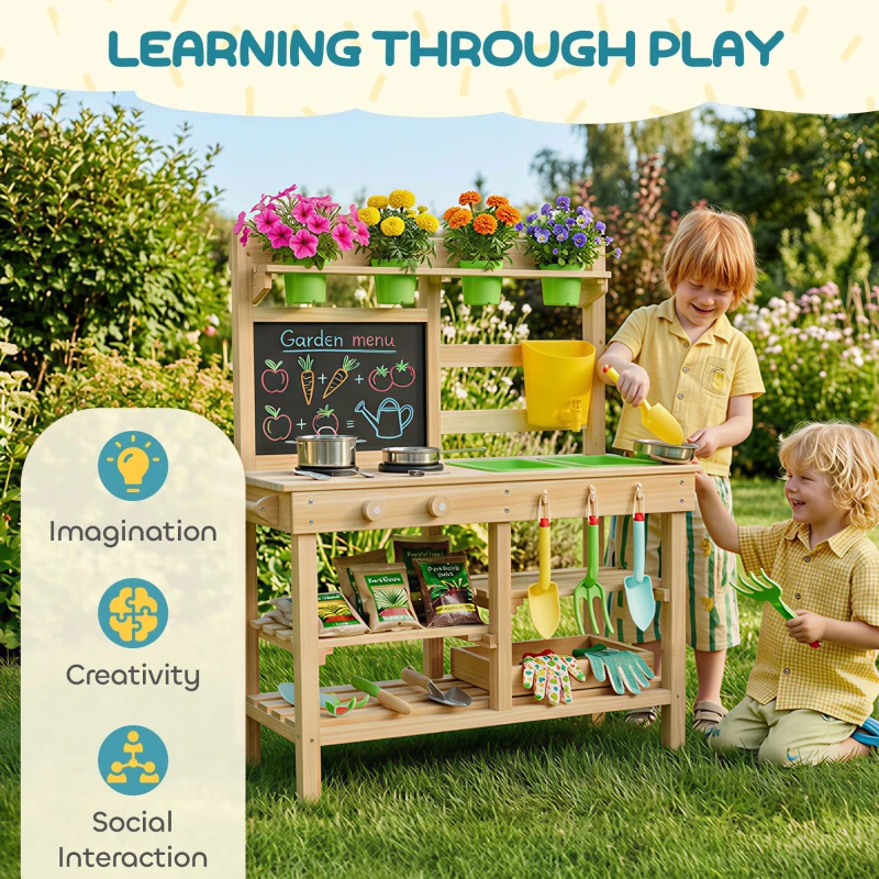 Qaba Kids Mud Kitchen, Outdoor Wooden Play Kitchen with Kitchenware & Garden Tools, Pretend Play Outdoor Toys, Natural