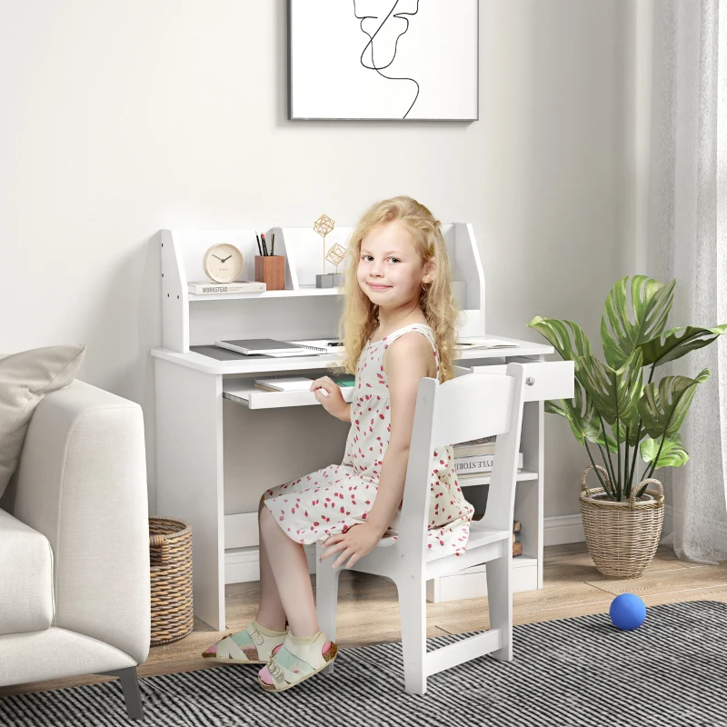 Qaba Kids Desk and Chair Set 5-8 Year Old with Storage, White