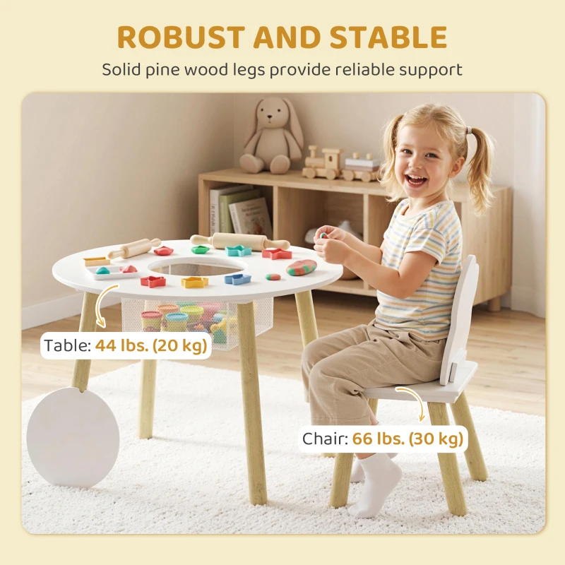 Qaba 3 Pieces Kids Table and Chair Set, Activity Table and Chair Set with Cloud-Shaped Chairs, Mesh Bag