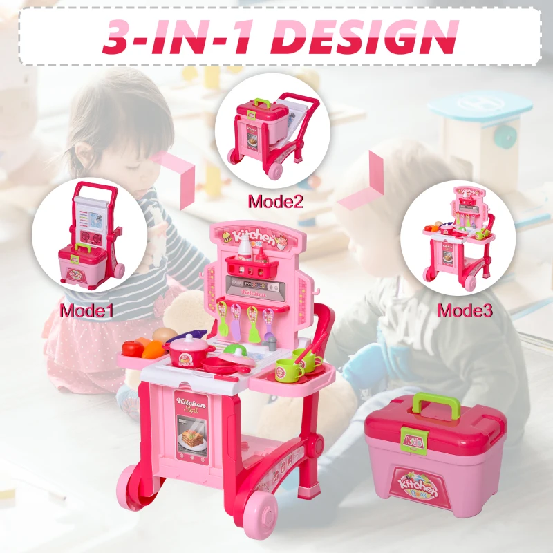 Qaba Pretend Play Kitchen Playset Chef Role Play Game 3-in-1 Design Suitcase Cart with 42 Pcs Accessories for Girls and Boys 3 to 6 Years Old Pink