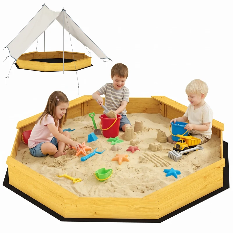 Qaba Wooden Kids Wooden Sandbox with Large Canopy, Outdoor Sand Box with 4 Bench Seats, Bottom Liner for Aged 3-8, Yellow