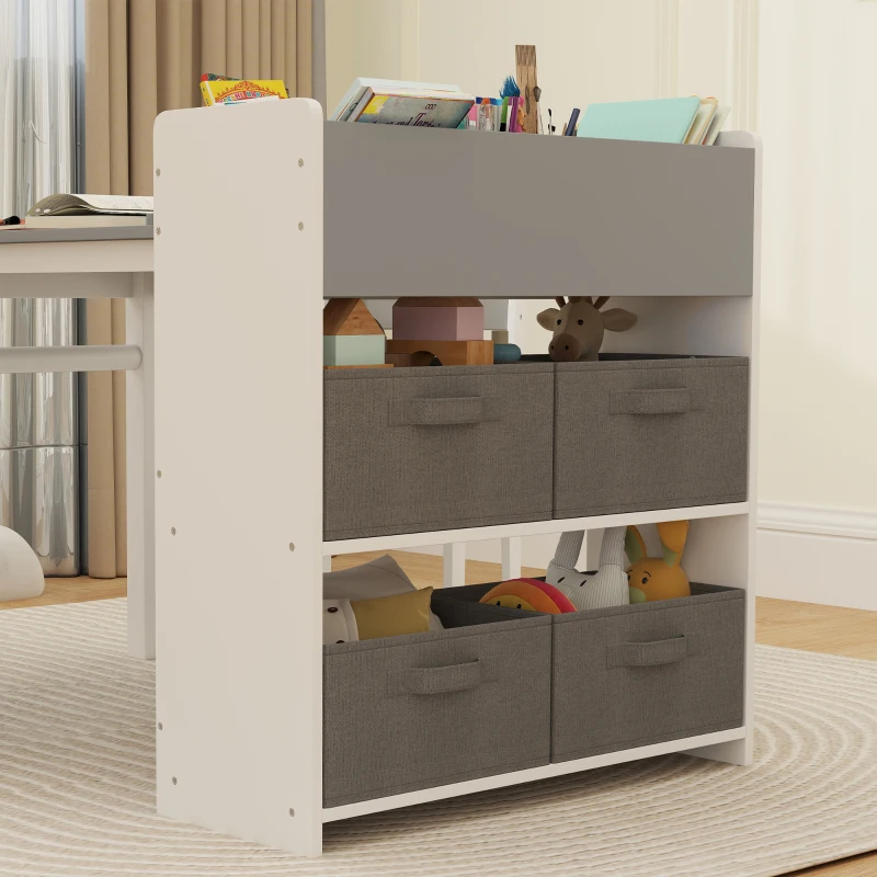 Qaba Kids Desk and Chair Set with Paper Roll, Kids Activity Craft Table with Storage Shelves and Drawers, Gray
