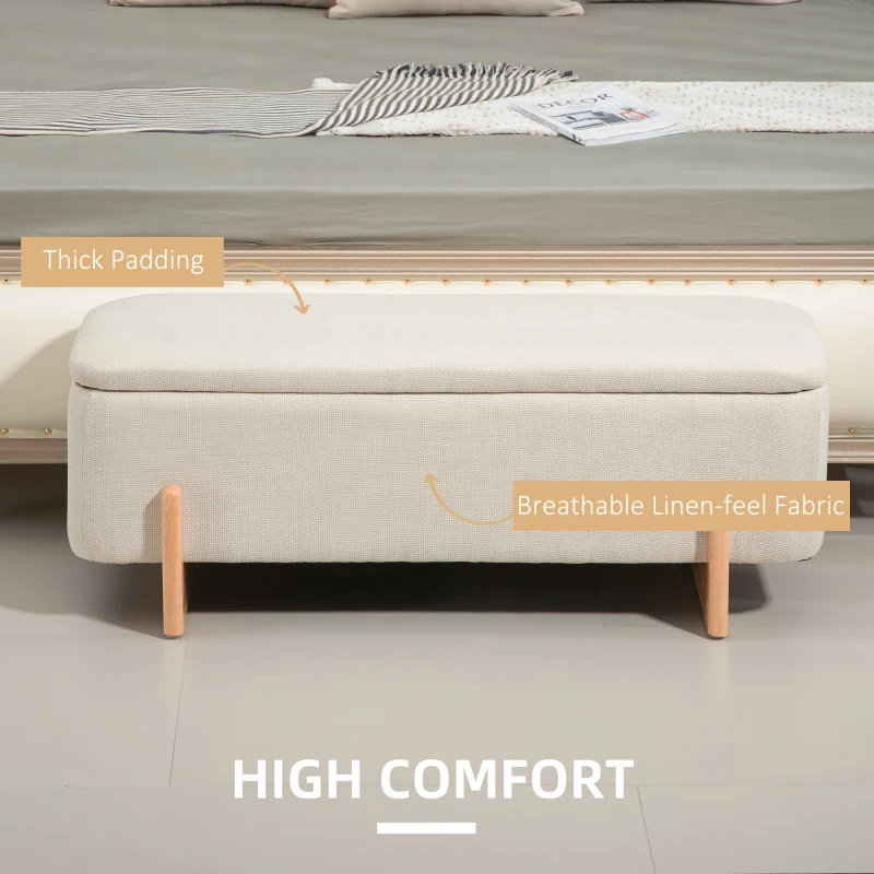 HOMCOM Storage Ottoman with Linen-Look Upholstery, Storage Bench with Safety Hinges and Wooden Legs for Bedroom, Cream White